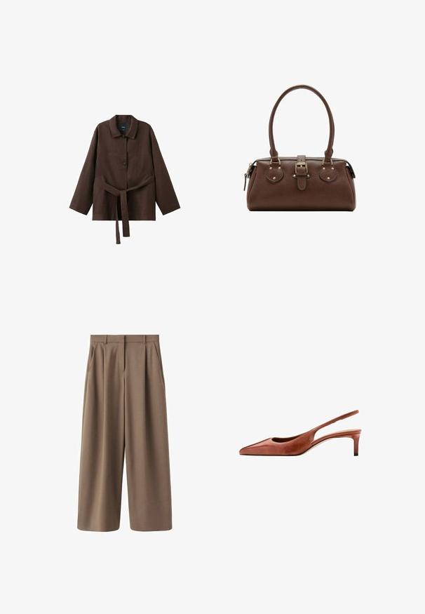Veste marron foncé à manches longues avec col, deux boutons et une ceinture assortie en tissu nouée à la taille.; Pantalons marron à jambe large avec une texture lisse, des plis avant et une taille haute. Dotés d'un design ajusté et de poches latérales.; Chaussure slingback en cuir marron à bout pointu, petit talon kitten et fine bride autour du talon sur fond blanc.; Sac à main en cuir marron avec deux poignées, une sangle centrale à boucle et des ferrures dorées, présenté sur fond blanc.