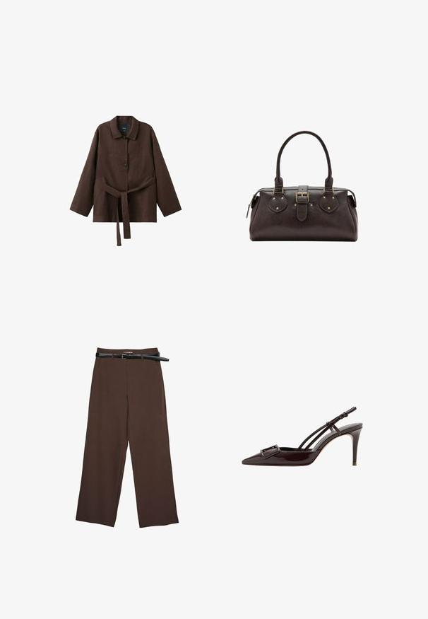 Veste marron foncé à manches longues avec col, deux boutons et une ceinture assortie en tissu nouée à la taille.; Pantalons larges marron avec une texture lisse, dotés d'une ceinture noire et d'une taille ajustée, offrant une coupe structurée.; Escarpins slingback noirs en cuir verni à bout pointu avec une boucle décorative et des fines brides de cheville.; Sac à main en cuir marron foncé avec deux poignées, une sangle centrale à boucle et des détails en métal doré.