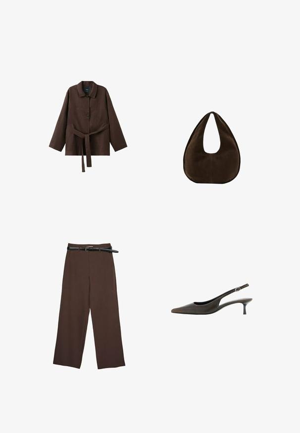 Veste marron foncé à manches longues avec col, deux boutons et une ceinture assortie en tissu nouée à la taille.; Pantalons larges marron avec une texture lisse, dotés d'une ceinture noire et d'une taille ajustée, offrant une coupe structurée.; Chaussure slingback en cuir noir à bout pointu, petit talon kitten et petite bride réglable avec boucle.; Sac à main en daim marron foncé en forme de croissant avec une seule sangle large et une texture lisse sur fond blanc.