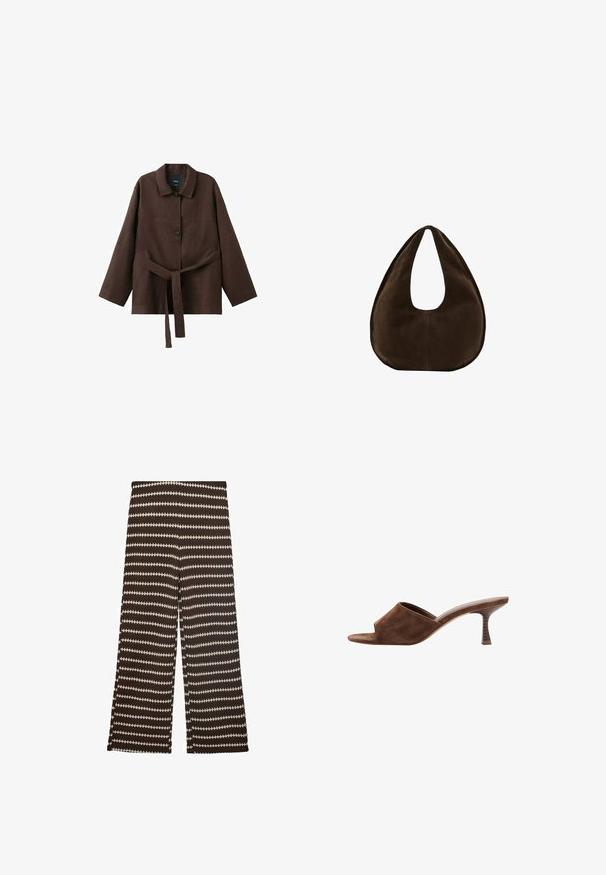 Veste marron foncé à manches longues avec col, deux boutons et une ceinture assortie en tissu nouée à la taille.; Pantalons à larges jambes marron foncé avec des rayures en zigzag crème contrastantes. Fabriqués en tissu texturé, avec une taille mi-haute confortable.; Mule en daim marron à bout ouvert, talon en bois incurvé de hauteur moyenne et design à enfiler sur fond blanc.; Sac à main en daim marron foncé en forme de croissant avec une seule sangle large et une texture lisse sur fond blanc.