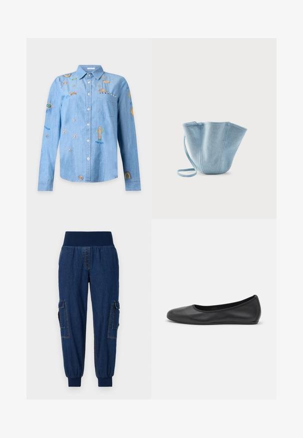 Hellblaues Denim-Langarmhemd mit bunten, bestickten Planeten, Sternen, Kakteen, Regenbögen und silbernen Nieten auf der Brusttasche.; Denim-Jogginghosen mit einem breiten elastischen Bund, zwei seitlichen Cargo-Taschen und gerippten Bündchen; dunkelblaue Farbe mit kontrastierenden Nähten.; Schwarze Leder-Ballettschuhe mit abgerundeter Spitze, glatter Textur, minimalen Nähdetails und einem flexiblen Sohlen-Design.; Hellblauer Stoff-Beuteltasche mit langem Riemen, weiter oberer Öffnung und genähten vertikalen Nähten, vor einem schlichten weißen Hintergrund abgebildet.