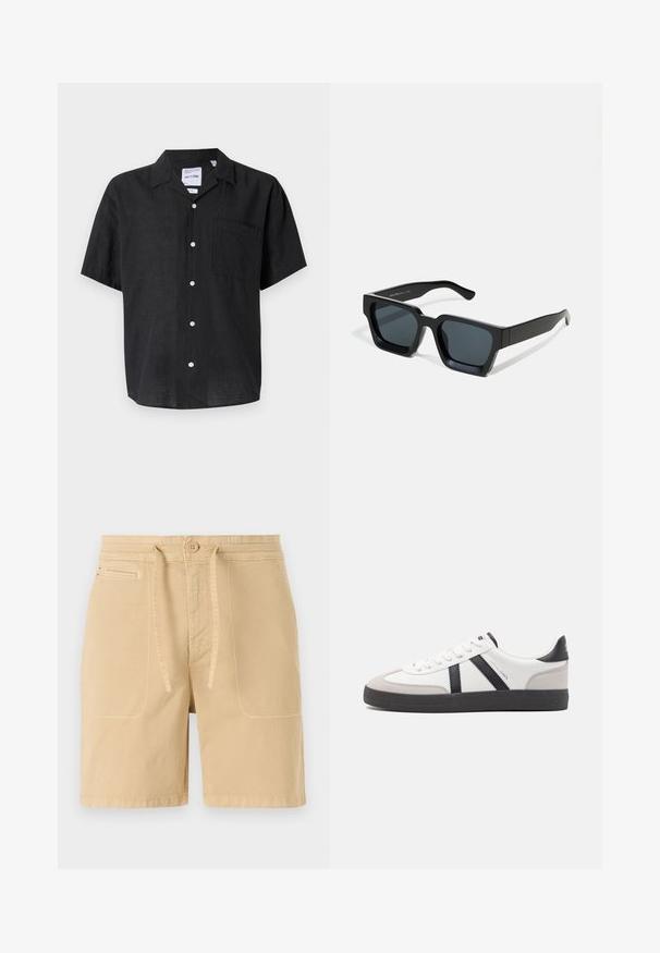 Chemise noire à manches courtes, boutonnée, fabriquée enlin. Elle présente une poche sur la poitrine gauche et des boutons blancs qui contrastent avec la texture du tissu.; Shorts beiges en coton, avec une taille à cordon, des poches avant et des coutures visibles. Design simple et décontracté.; Baskets blanches avec des accents noirs et gris, présentant un embout texturé gris, une semelle en caoutchouc noir et des lacets plats blancs. Design épuré, style minimaliste.; Lunettes de soleil rectangulaires noires avec des verres foncés. Monture en plastique épaisse et lisse avec une finition légèrement brillante et des branches droites.