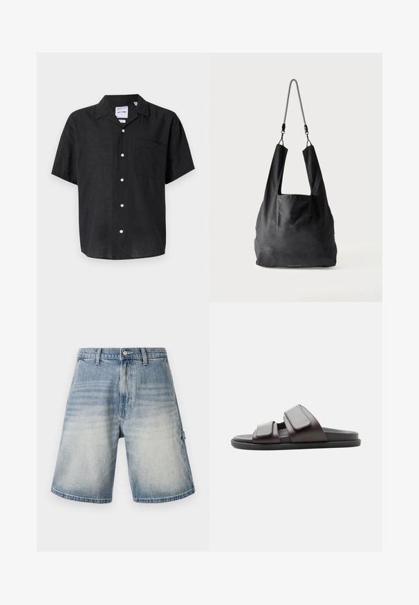 Sort kortærmet skjorte med knapper lavet af hør. Har en lomme på venstre bryst og hvide knapper, der står i kontrast til stoffets tekstur.; Denimshorts med en falmet blå farve, løs pasform og lige snit. Har fem lommer og bæltestropper med et subtilt slidtegn.; Mørkebrun slidesandal med to brede justerbare velcro-remme og en sort sål, vist fra siden på hvid baggrund.; Sort blød stofnettaske med brede håndtag og en tynd sort-hvid flettet skulderrem.