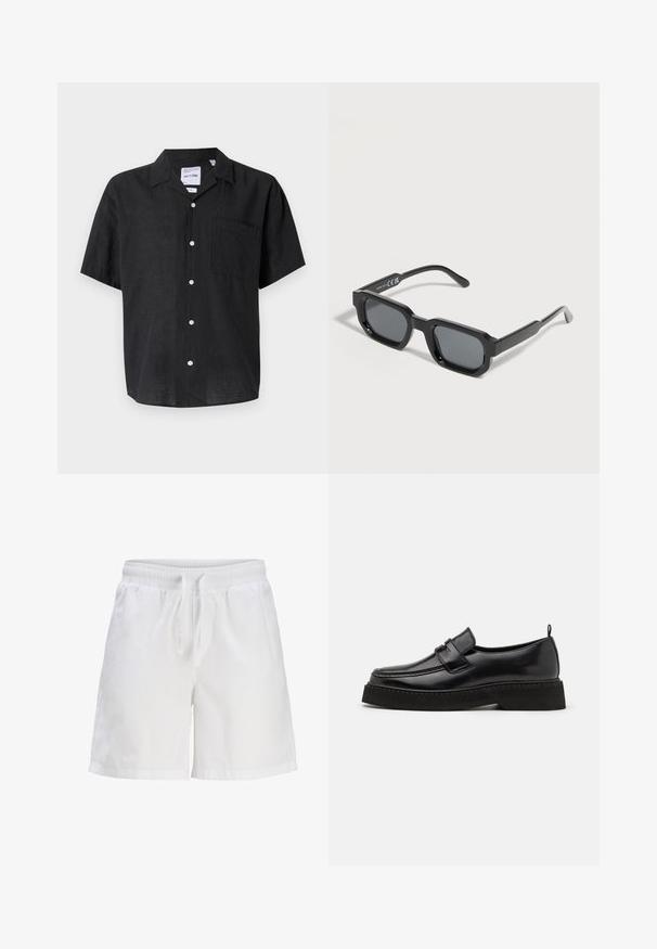 Chemise noire à manches courtes, boutonnée, fabriquée enlin. Elle présente une poche sur la poitrine gauche et des boutons blancs qui contrastent avec la texture du tissu.; Shorts en coton blancs avec une taille élastique et un cordon de serrage. Présentent une coupe décontractée et des poches latérales.; Chaussures en cuir noir de style mocassin avec une semelle plate et texturée, présentant un bout piqué et une sangle traversant le cou-de-pied.; Lunettes de soleil rectangulaires noires avec des montures épaisses et des verres teintés foncés, inclinées sur un fond blanc.