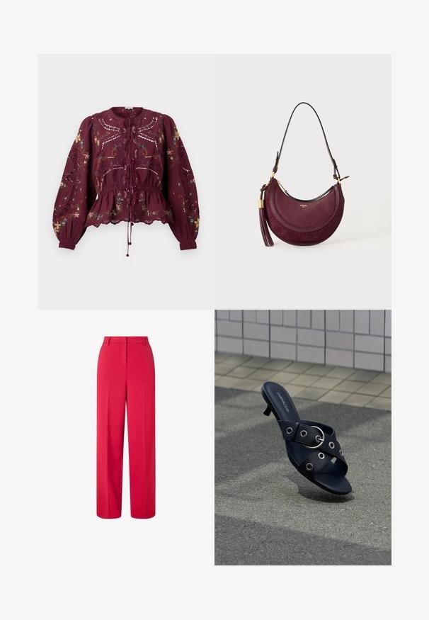 Blouse bordeaux à manches longues avec broderies florales, découpes en dentelle, taille froncée et fermeture par nouage à l'avant sur un fond uni.; Pantalons larges rouges taille haute avec passants de ceinture et fermeture frontale dissimulée sur fond blanc.; Sandale noire à talon avec des brides croisées ornées d'œillets argentés et une boucle ronde, posée sur un pavement texturé près d'un mur carrelé.; Sac à main bordeaux en forme de croissant de lune avec bandoulière, pièces métalliques dorées, grande pampille latérale et petit logo "Lancel Paris" à l'avant.