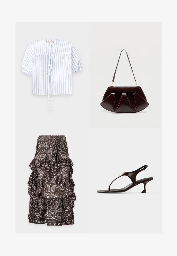 Blouse blanche à rayures verticales bleues, manches courtes bouffantes, encolure arrondie et fermetures à nouer sur le devant.; Jupe marron avec motifs paisley et floraux blancs, volants superposés et nœud à l'avant à la taille.; Sandale slingback en cuir verni marron foncé avec petit talon et bride entre les orteils sur fond blanc.; Sac à main en cuir marron foncé avec plis froncés, ferrures dorées et une seule bandoulière, sur un fond clair uni.