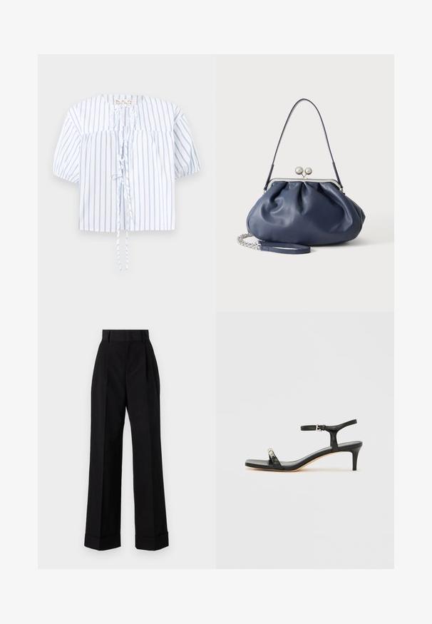 Witte blouse met verticale blauwe strepen, korte pofmouwen, afgeronde halslijn en sluitingen met strik aan de voorkant.; Hoge taille zwarte broek van katoen. Met een brede pijpdesign, plooien en opgerolde manchetten. Glad textuur, geen zichtbare patronen of hardware.; Zwarte leren sandaal met hak, enkelbandje, open neus, vierkante voorkant en zilverkleurige accenten. Gesloten ontwerp met een slank profiel.; Zachte navyblauwe leren handtas met zilveren sluiting, enkele schouderband en afneembare ketting polsband op witte achtergrond.