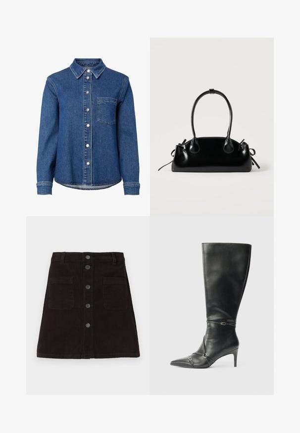 Chemise en denim bleu à manches longues avec boutons sur le devant, une seule poche poitrine à gauche et un col classique.; Jupe A-line en velours côtelé marron avec un devant à boutons, deux poches avant et des rayures verticales texturées. Taille standard avec passants de ceinture.; Bottes noires en cuir montant jusqu'au genou, avec un talon fin, un bout pointu et des détails de lanière à la cheville. Texture lisse et design ajusté.; Petit sac à main noir brillant avec deux longues anses et des détails à cordon sur les côtés sur un fond clair uni.