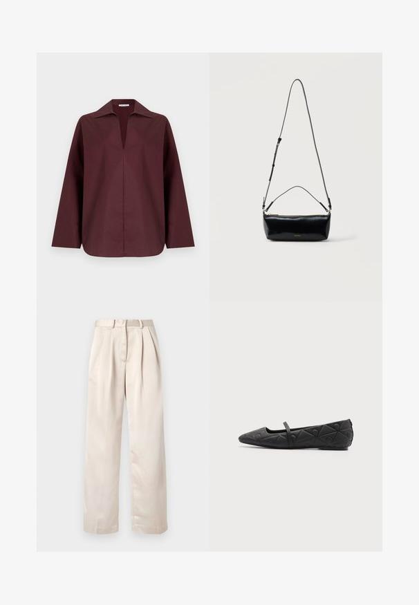 Chemise bordeaux à manches longues avec un col en V profond, présentant une coupe droite et un col structuré. Fabriquée en tissu lisse et léger.; Pantalon beige plissé avec une coupe droite, fabriqué en tissu lisse et léger ; doté d'une ceinture avec passants.; Chaussure plate noire à bout pointu avec motifs géométriques matelassés et une fine bride sur le cou-de-pied sur fond uni.; Sac bandoulière rectangulaire en cuir noir avec bandoulière ajustable, fermeture éclair sur le dessus et petit logo Calvin Klein doré sur le devant.