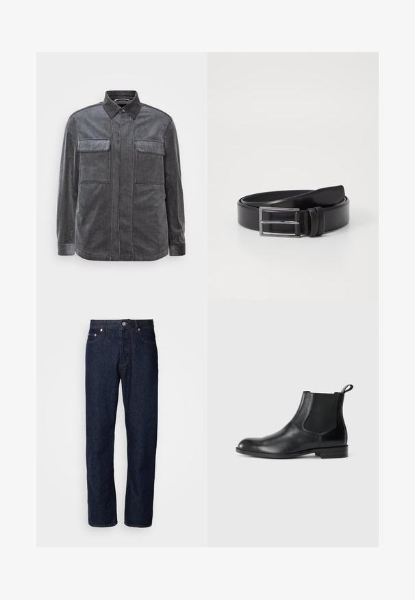Sort og gråstripet fløjlsskjorte med knap-ned krave, to brystlommer og lange ærmer. Tekstureret stof med en glat overflade.; Mørkeblå denimjeans med lige ben, der har fem lommer, knaplukning og diskrete syninger.; Sorte læder ankelstøvler med elastiske sidepaneler, rund tå og en trækloft. Glat tekstur, flad sål, minimalistisk design.; Sort læderbælte med en glat overflade, der har en sølv rektangulær spænde og dobbelt prong detalje. Klassisk og alsidig design.
