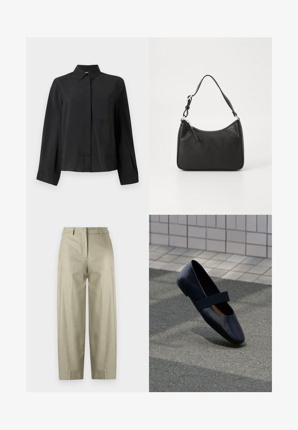 Chemise noire à col rigide, à manches longues, avec une poche poitrine unique et un tissu texturé. Présente une coupe droite et des détails au niveau des poignets.; Pantalons larges beige en tissu lisse. Dotés de plis, d'une fermeture éclair et de passants de ceinture. Coupe droite de la taille à l'ourlet.; Chaussure plate en cuir noir avec un bout arrondi, dotée d'une douce sangle élastique noire sur le cou-de-pied. Texture lisse et design minimaliste.; Sac à main en cuir noir avec une forme courbée, une seule sangle, fermeture éclair et un logo discret à l'avant. Texture lisse, design minimaliste.