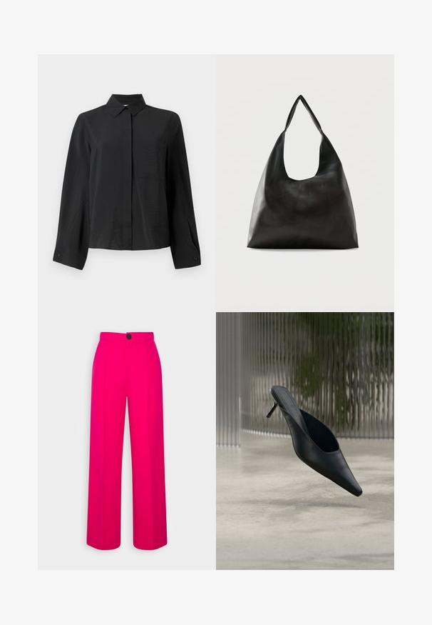 Sort skjorte med knapper og en skarp krave, lange ærmer, en enkelt brystlomme og struktureret stof. Har en lige skæring og manchetdetaljer.; Fuchsia brede bukser med høj talje, frontfald og en enkelt sort knaplukning. Glat tekstur og skræddersyet design.; Sort mule sko med spids tå og tynd høj hæl, der svæver over en glat beton gulv med en sløret baggrund med lodrette striber.; Sort skuldertaske i glat læder med en bred, enkelt strop og et afslappet, minimalistisk design mod en ensfarvet baggrund.