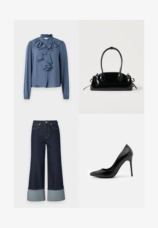 Blauwe blouse met lange mouwen in een lichtgewicht stof, met een hoge ruches-kraag en een centrale ruches aan de voorkant met knoopsluiting.; Brede jeans van donker denim, met een lichtere denim omslag. Het ontwerp omvat voorzakken en contrasterende stiksels.; Zwarte leren high heel pump met een spitse neus en een gladde textuur. Kenmerkt zich door een slanke stilettohak en een laag uitgesneden vamp ontwerp.; Kleine zwarte glanzende handtas met twee lange hengsels en zijkant trekkoord details op een effen lichte achtergrond.