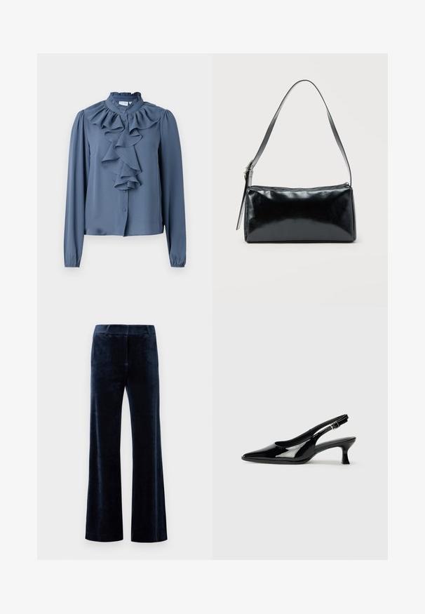 Blauwe blouse met lange mouwen in een lichtgewicht stof, met een hoge ruches-kraag en een centrale ruches aan de voorkant met knoopsluiting.; Marineblauwe flairbroek van zachte fluweel. Heeft een soepele textuur, een op maat gemaakte tailleband en strakke snijkanten. Geen zichtbare hardware of patronen.; Zwarte lakleren slingback schoenen met een spitse neus en een lage blokhak. Verstelbare gespband bij de enkel.; Zwarte rechthoekige schoudertas met een enkele verstelbare band en een bovenste ritssluiting op een effen achtergrond.