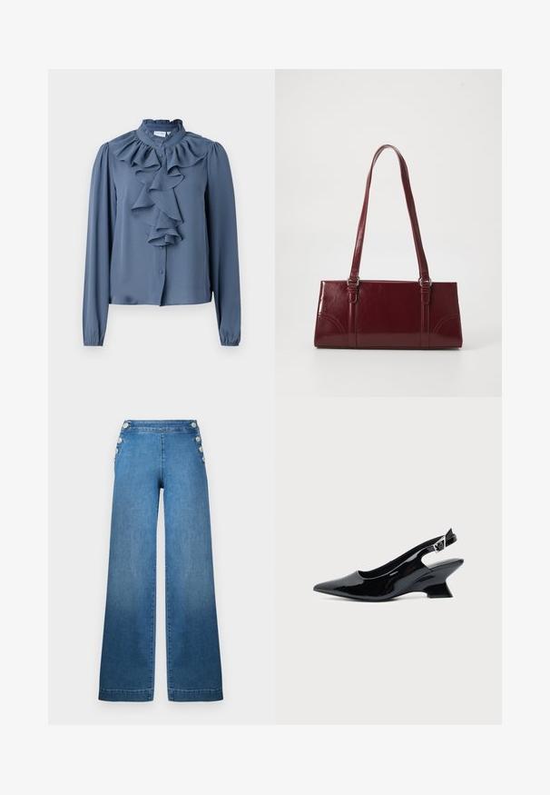 Blauwe blouse met lange mouwen in een lichtgewicht stof, met een hoge ruches-kraag en een centrale ruches aan de voorkant met knoopsluiting.; Brede blauwe denim broek met een hoge taille, knoopaccenten aan de zijkant en een schone zoom. De stof heeft een gladde textuur met een lichte vervaging.; Zwarte lakleren slingback schoen met spitse neus en lage schuine blokhak op een effen lichte achtergrond.; Bourgondische handtas van glanzend materiaal, rechthoekige vorm, met twee schouderbanden en subtiele gebogen accenten aan de voorkant.