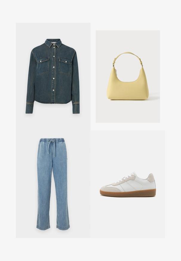 Denimhemd mit kragenlosem Ausschnitt, langen Ärmeln, zwei Brusttaschen und Frontknopfverschluss. Dunkelblaue Farbe mit ausgebleichtem Muster.; Helle blaue Jeans mit elastischem Bund, Kordelzug und aufgerollten Säumen. Gerades Bein mit lässiger Passform.; Weiße Leder-Sneaker mit beige Suede-Akzenten, strukturiertem Zungenbereich und Gummisohle. Verfügt über weiße Schnürsenkel und dezente eingestickte Details.; Gelbe Ledertasche mit geschwungener Silhouette, kurzem verstellbarem Riemen und einem Reißverschlussfach. Auf der Vorderseite befindet sich ein dezentes Logo.