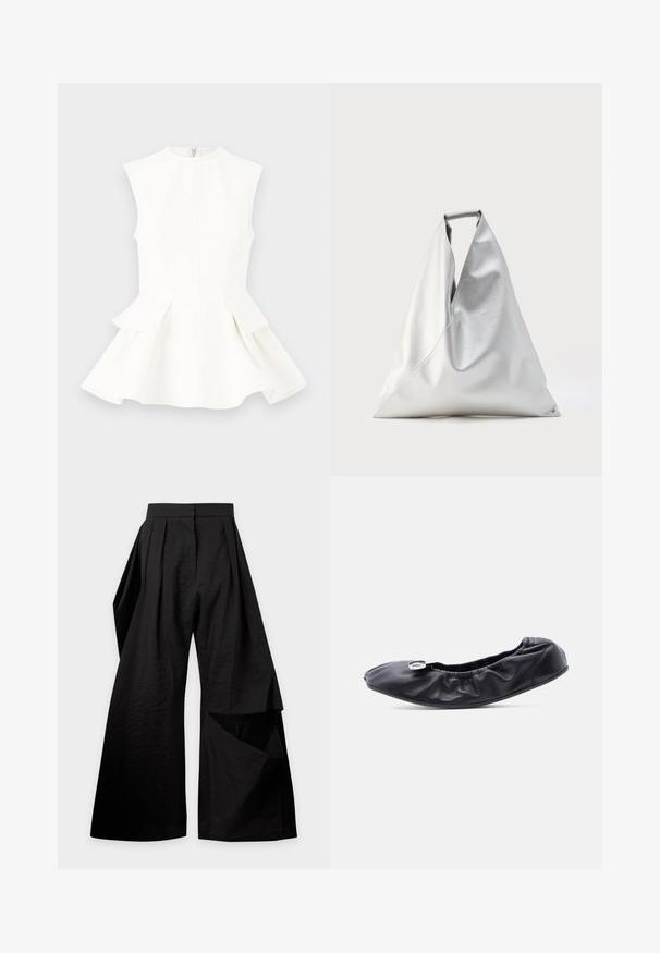 Haut sans manches blanc avec un design peplum, en tissu structuré, et une fermeture éclair au dos. Texture lisse, encolure arrondie et coupe ajustée.; Pantalon noir à jambes larges avec des plis à la taille et un panneau de tissu superposé sur la jambe droite.; Chaussure plate en cuir noir avec un bout arrondi et un design froncé le long de l'ouverture. Présente un détail discret en métal argenté sur le devant.; Grand sac fourre-tout argenté de forme triangulaire avec une texture en cuir souple, debout verticalement avec une poignée supérieure visible sur un fond uni.