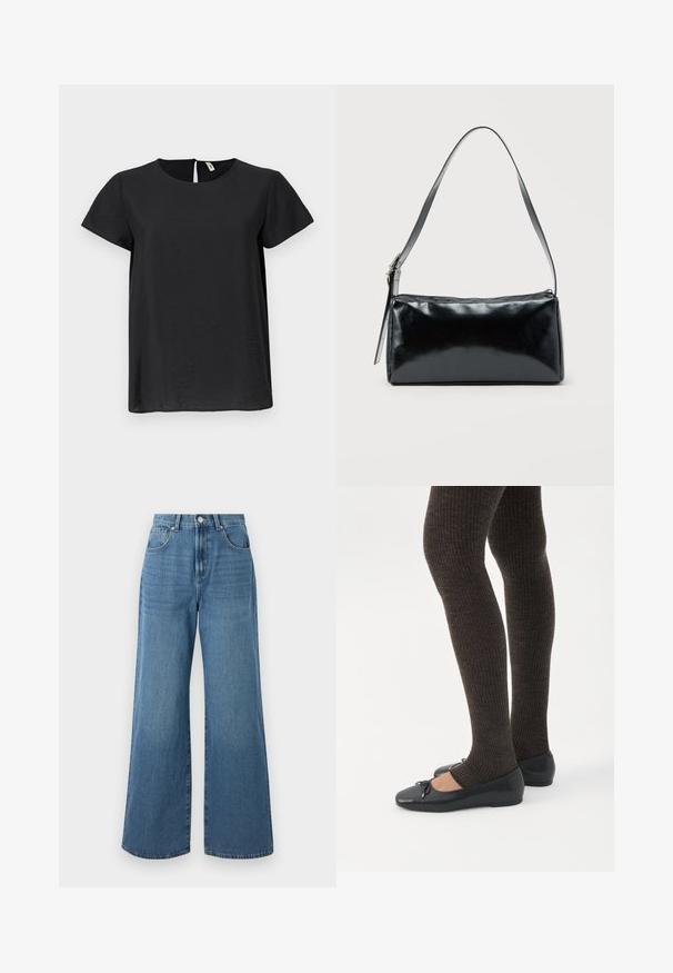 Haut noir à manches courtes avec un col rond et une coupe droite. Présente un léger éclat et une ouverture en forme de clé à l'arrière.; Jeans en denim bleu à jambes larges avec une taille haute, comprenant des poches avant et arrière, et une fermeture à bouton à la taille. Texture lisse.; Jambes portant des leggings côtelés foncés associés à des ballerines noires avec de petits détails en nœud sur fond blanc.; Sac d'épaule rectangulaire noir avec une sangle réglable unique et une fermeture éclair supérieure sur un fond uni.