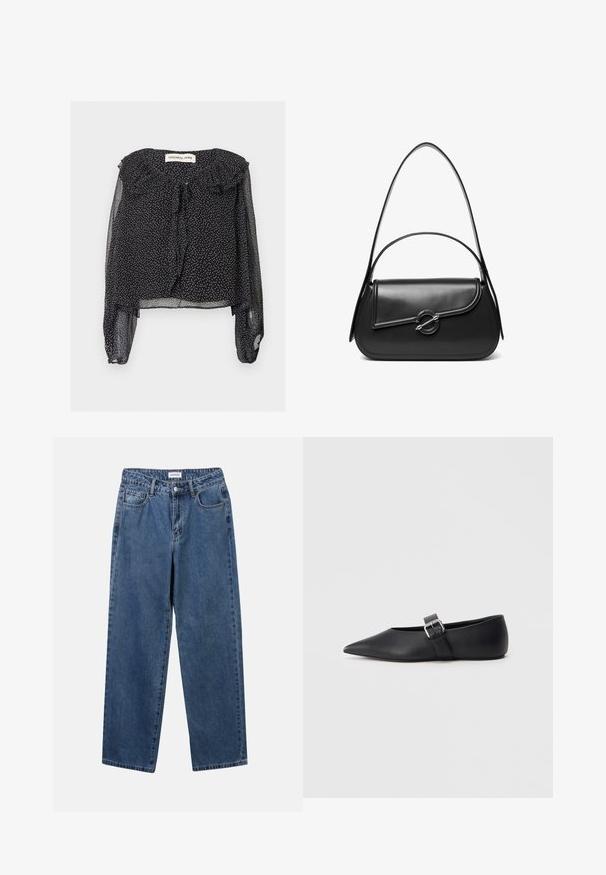 Blusa negra transparente con lunares blancos, mangas largas abullonadas, cuello con volantes y lazo en el escote, mostrada extendida sobre fondo blanco.; Jeans de mezclilla azul clásico con un diseño de pierna recta, cinco bolsillos y cierre de botón. Presenta un lavado medio y una textura resistente.; Zapato plano de cuero negro con punta puntiaguda y correa lateral con hebilla. Textura suave, diseño minimalista, perfil bajo. Adecuado para uso casual.; Bolso de hombro de cuero negro con una solapa curva asegurada por un broche metálico redondo y una correa delgada y ajustable.