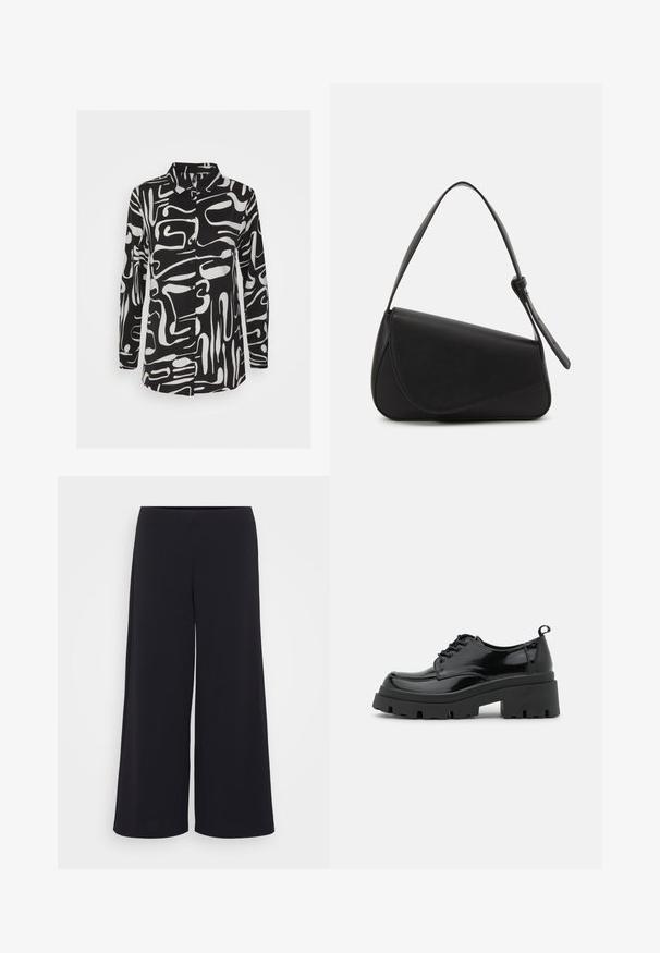 ONLY ONLCATHY - Chemisier - black; Pantalons larges noirs en tissu lisse, présentant une taille haute et une silhouette fluide, avec un design épuré et sans embellissement.; Chaussures en cuir patiné noir avec une semelle épaisse et chunky, dotées de lacets épais. Embout arrondi, détails minimaux et un petit tirant à l'arrière.; Sac à main en cuir noir de forme triangulaire, avec un rabat incliné et une poignée supérieure arrondie. Il présente une texture lisse et des détails de design minimalistes.