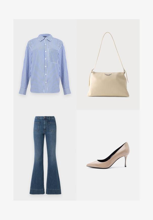 Blau-weiß gestreiftes Langarmhemd mit senkrechten Streifen, Knöpfen vorne, spitzem Kragen, Brusttasche und geknöpften Manschetten.; Ausgestellte blaue Jeans in mittlerem Waschungsstil mit hoher Taille, fünf Taschen und leichter Ausbleichung um die Knie und Oberschenkel.; Beiger Lackleder-Pumps mit spitz zulaufender Schuhspitze, schlankem Stöckelabsatz und schwarzer Innenausstattung vor weißem Hintergrund.; Cremefarbene Leder-Umhängetasche mit silbernem geflügeltem Emblem und dünnem Riemen vor einfachem Hintergrund.