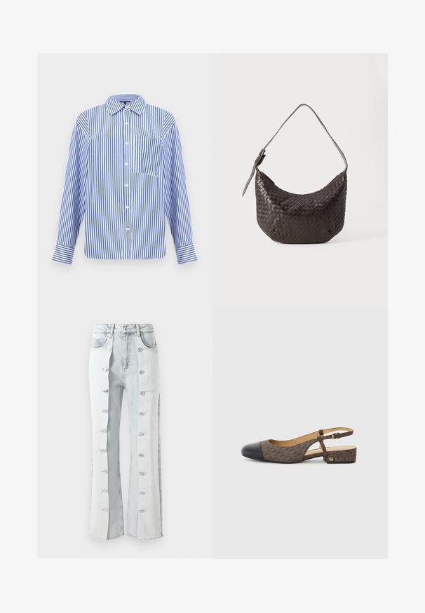 Blau-weiß gestreiftes Langarmhemd mit senkrechten Streifen, Knöpfen vorne, spitzem Kragen, Brusttasche und geknöpften Manschetten.; Hellblaue Denim-Jeans mit silbernen Knopfakzenten, im weit geschnittenen Design mit Seitenpaneelen. Der Stoff hat eine strukturierte Oberfläche.; Slingback-Schuh mit einem braunen gemusterten Stoffoberteil und einer schwarzen Lederkappe. Mit kleinem Blockabsatz und einem Schnallenriemen.; Geflochtene schokoladenbraune Leder-Umhängetasche mit gebogener Form, verstellbarem Riemen und subtiler Glanz. Sie verfügt über einen Reißverschlussverschluss an der Oberseite.