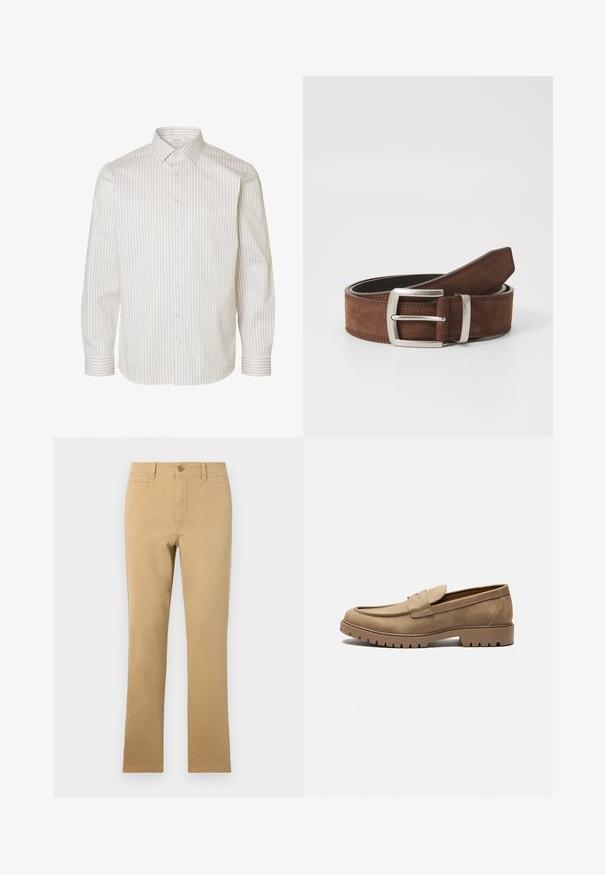 Camisa blanca de vestir de manga larga con rayas verticales beige, cierre frontal con botones, cuello puntiagudo y puños con botones.; Pantalones de pierna recta de color caqui, hechos de algodón, con cierre de botón, bolsillos frontales y una textura suave.; Mocasines de gamuza color marrón claro con punta redondeada, suela plana de goma y costuras decorativas en la parte superior. Presentan un diseño sin cordones para poner y quitar fácilmente.; Cinturón de ante marrón con hebilla de metal plateado y detalle de costuras lineales. El cinturón es plano y tiene un ancho y una forma clásicos.
