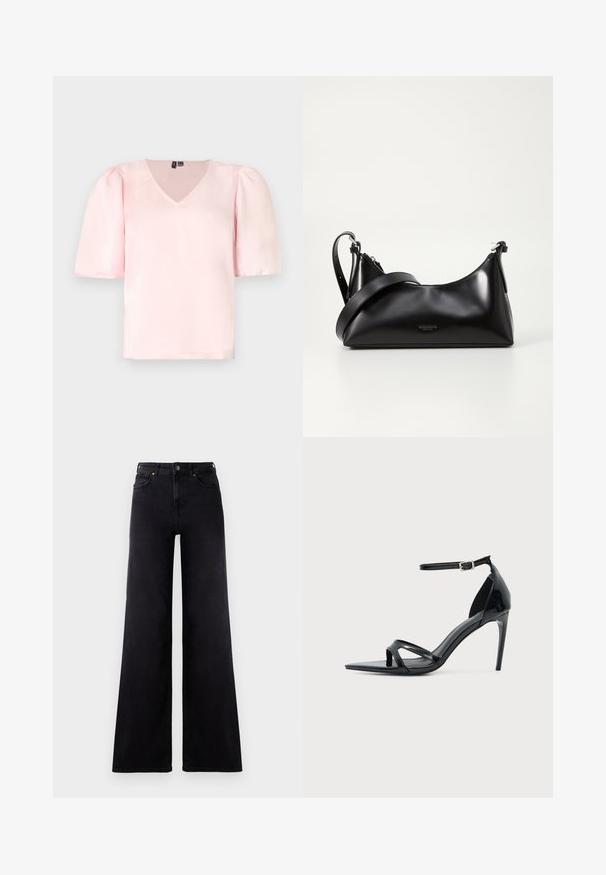 Rosa Satinbluse mit V-Ausschnitt, kurzen Puffärmeln und lockerer Passform. Glatte Textur und einfaches Design ohne sichtbare Muster oder Akzente.; Hoch geschnittene schwarze weite Jeans mit vorderen Taschen, Gürtelschlaufen und einer Knopfleiste.; Schwarze Sandale aus Lackleder mit hohem Absatz, dünnem Knöchelriemen, offenem Zehenbereich und minimalistischem Design auf hellem, einfarbigem Hintergrund.; Schwarze lederne Handtasche mit glatter Textur. Verfügt über einen verstellbaren Riemen und ein elegantes, minimalistisches Design mit einem Reißverschluss.