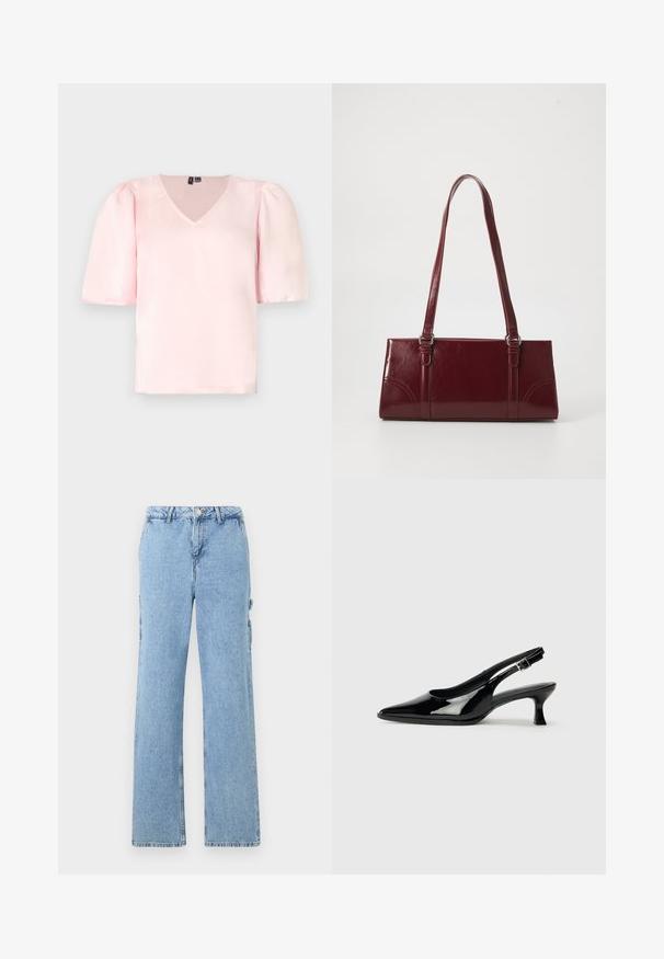 Rosa Satinbluse mit V-Ausschnitt, kurzen Puffärmeln und lockerer Passform. Glatte Textur und einfaches Design ohne sichtbare Muster oder Akzente.; Hellblaue Jeans-Cargo-Hosen mit geradem Bein, ausgestattet mit Seitentaschen und kontrastierenden Nähten. Klassischer Fünf-Taschen-Stil.; Schwarze Lackleder Slingback-Schuhe mit spitzem Zehenbereich und niedrigem Blockabsatz. Verstellbarer Riemen mit Schnalle am Knöchel.; Burgunderfarbene Handtasche aus glänzendem Material, rechteckige Form, mit zwei Schulterriemen und subtilen, geschwungenen Akzenten an der Vorderseite.