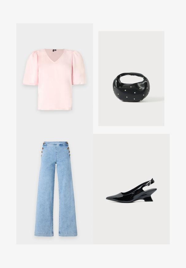 Rosa satinbluse med V-udskæring, korte pufærmer og en afslappet pasform. Glat tekstur og enkelt design uden synlige mønstre eller accenter.; Lyseblå denim bredbenede jeans med høj talje, prydet med metalknapdetaljer langs siderne og en glat, let slidt tekstur.; Sort laklæder slingback sko med spids tå og lav vinklet blokhæl på ensartet lys baggrund.; Sort læderhåndtaske med en rundet form, dekoreret med sølvnitter, og et kort håndtag. Glat tekstur og lynlåslukning.