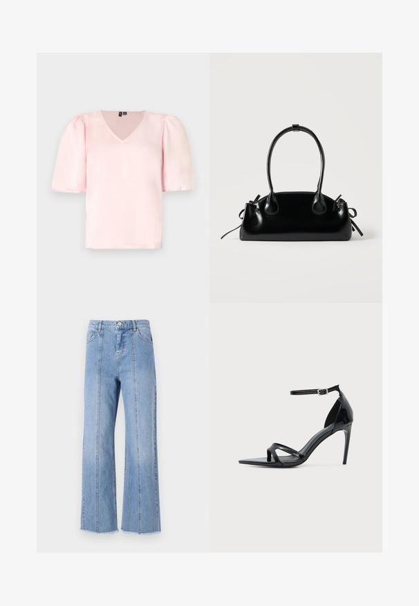 Rosa Satinbluse mit V-Ausschnitt, kurzen Puffärmeln und lockerer Passform. Glatte Textur und einfaches Design ohne sichtbare Muster oder Akzente.; Hellblaue Denim-Hosen mit weitem Bein und hoher Taille, mit Frontnähten und rohem Saum. Sie verfügen über einen klassischen Knopf- und Reißverschlussverschluss an der Taille.; Schwarze Sandale aus Lackleder mit hohem Absatz, dünnem Knöchelriemen, offenem Zehenbereich und minimalistischem Design auf hellem, einfarbigem Hintergrund.; Kleine schwarze glänzende Handtasche mit zwei langen Griffen und seitlichen Kordelzug-Details vor einfachem hellem Hintergrund.