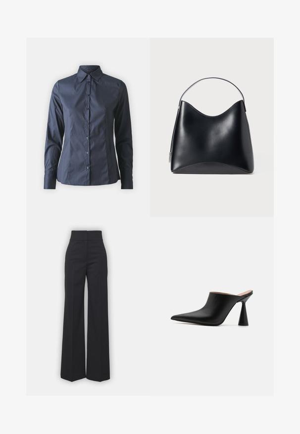 Chemise à manches longues bleu marine avec fermeture à boutons sur le devant, col pointu et coupe ajustée. Fabriquée dans un tissu léger et lisse.; Pantalons à jambes larges en tissu noir avec une taille haute, présentant une finition soignée et une texture lisse. Pas de matériel ou de motifs visibles.; Mules en cuir noir avec un bout pointu et un talon conique unique. Texture lisse et design minimaliste, à dos ouvert pour un enfilage facile.; Sac en cuir noir au design lisse et structuré, avec un dessus arrondi et une courte anse. Minimaliste, sans accents de quincaillerie visibles.