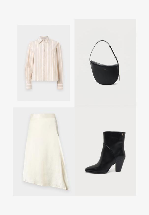 Chemise beige et blanche rayée verticalement, manches longues, boutonnée, avec col pointu et poignets boutonnés, présentée sur un fond clair et plat.; Une jupe crème, longueur genou, en tissu satin lisse avec un léger éclat. Présente un design en ligne A et une taille froncée pour un ajustement parfait.; Bottine en cuir noir à bout pointu, talon carré et petit logo doré près du bord supérieur sur le côté extérieur.; Sac à bandoulière en cuir noir en forme de demi-lune avec une bandoulière réglable et le logo doré « BOSS » centré sur le devant.