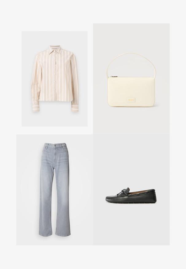 Beige en wit verticaal gestreept overhemd met lange mouwen, knoopsluiting, puntkraag en knoopmanchetten, afgebeeld op een lichte, vlakke achtergrond.; Lichtgrijze wijd-uitlopende jeans met een hoge taille, gemaakt van denim. Voorzien van zijzakken, een ritssluiting en subtiele vervagingen door het geheel.; Zwarte leren bootshoe met een ronde neus, gestikte details, een kleine strikaccent en een rubberen zool. Soepele textuur en gestroomlijnd ontwerp.; Roomkleurige rechthoekige handtas met een enkele draagband en een ritssluiting aan de bovenkant, met een klein ingegraveerd logoplacaat op de voorkant.