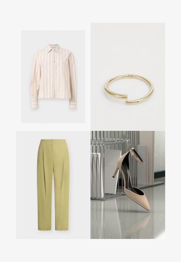 Chemise beige et blanche rayée verticalement, manches longues, boutonnée, avec col pointu et poignets boutonnés, présentée sur un fond clair et plat.; Pantalon taille haute à jambe droite, vert olive clair, avec plis sur le devant et fermeture avant dissimulée sur fond blanc.; Chaussure à talon haut beige avec bride à la cheville suspendue devant un porte-revues métallique sur un sol réfléchissant.; Calvin Klein SPIRAL - Bracelet - gold-coloured