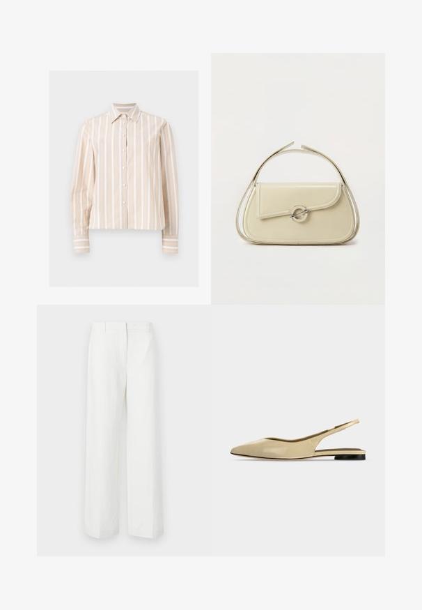 Chemise beige et blanche rayée verticalement, manches longues, boutonnée, avec col pointu et poignets boutonnés, présentée sur un fond clair et plat.; Pantalons blancs à jambes larges avec une texture lisse, présentant un devant plat et des plis marqués. Fabriqués en tissu léger, sans motifs visibles.; Chaussure plate beige à bout pointu avec bride arrière, petit talon noir et finition en cuir lisse, vue de côté sur un fond uni.; Sac à main en cuir crème avec rabat incurvé, fermoir circulaire en argent et poignée courte sur le dessus, sur fond blanc uni.