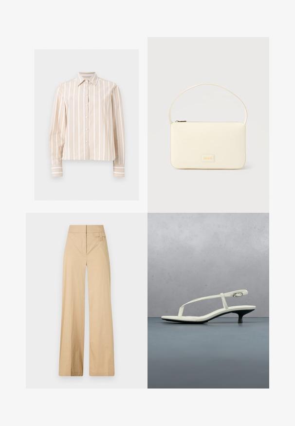 Beige en wit verticaal gestreept overhemd met lange mouwen, knoopsluiting, puntkraag en knoopmanchetten, afgebeeld op een lichte, vlakke achtergrond.; Beige wijde broek gemaakt van een katoenmix. Kenmerkt zich door een gladde textuur, een elastische tailleband en een zijknopdetail.; Witte sandaal met smalle bandjes en kitten heel, met een spitse neus, zwevend boven een houten tegelvloer buiten, met op de achtergrond een wazige plant en muur.; Roomkleurige rechthoekige handtas met een enkele draagband en een ritssluiting aan de bovenkant, met een klein ingegraveerd logoplacaat op de voorkant.