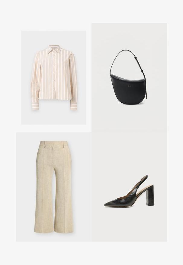 Chemise beige et blanche rayée verticalement, manches longues, boutonnée, avec col pointu et poignets boutonnés, présentée sur un fond clair et plat.; Pantalon beige à jambes larges avec passants de ceinture, plis devant et finition en tissu texturé.; Chaussure slingback en cuir noir à bout pointu avec un talon bloc haut et une doublure intérieure beige sur un fond clair uni.; Sac à bandoulière en cuir noir en forme de demi-lune avec une bandoulière réglable et le logo doré « BOSS » centré sur le devant.