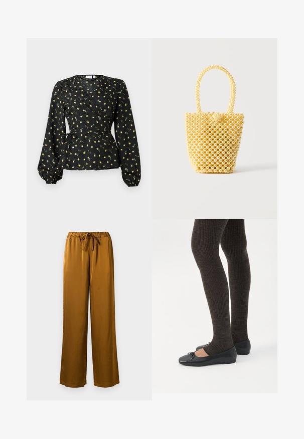 Sort indpakket bluse med lange pufærmer, lille gul blomstermønster og sidelukning i taljen.; Brune satin brede bukser med elastisk talje og snoretræk. Glat tekstur og hel-længde design med en afslappet pasform.; Ben iført mørke ribbede leggings kombineret med sorte balletsko med små sløjfedetaljer på hvid baggrund.; Lille skuldertaske i spandstil lavet af skinnende cremefarvede perler med en håndtagsløkke af perler og dekorativ perleknaplukning.