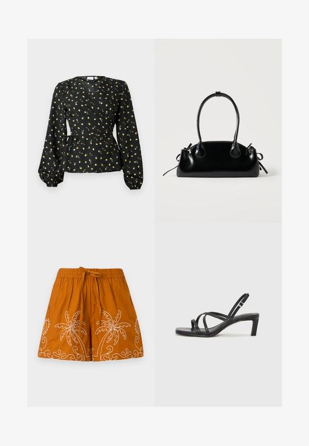 Blusa negra con mangas largas abullonadas, pequeño estampado floral amarillo y detalle de lazo en la cintura.; Falda de algodón naranja con cinturilla elástica, que presenta diseños bordados en blanco de palmeras y patrones decorativos en espiral a lo largo del dobladillo.; Sandalia negra de tiras con punta cuadrada y tacón bajo de bloque. Presenta múltiples tiras delgadas y una correa ajustable en el tobillo. Fabricada en cuero suave.; Pequeño bolso negro brillante con dos asas largas y detalles de cordón lateral sobre un fondo claro liso.