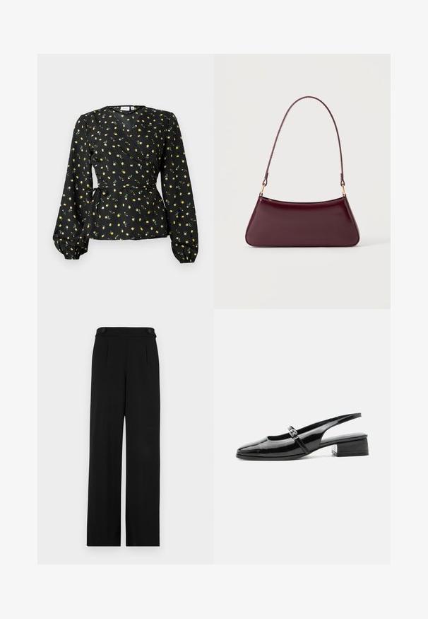 Schwarze Wickelbluse mit langen Puffärmeln, kleinem gelben Blumenmuster und seitlichem Bindeband in der Taille.; Schwarze weite Hosen mit flacher Vorderseite, zwei Knöpfen am Bund und einem glatten Stofftextur. Maßgeschneiderte Passform mit Falten für die Form.; Schwarzer Slingback-Schuh aus Lackleder mit niedrigem Blockabsatz und dünnem Riemen mit silberner Schnalle oben.; Dunkelburgunderfarbene, glänzende Handtasche mit einem einzigen dünnen Griff und einer schlanken, trapezförmigen Form auf einem schlichten hellen Hintergrund.