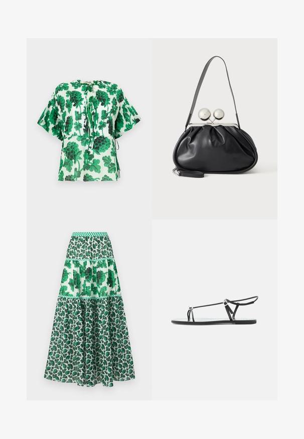 Kortærmet bluse med et grønt og sort bladmønster på en lys baggrund. Har en rund halsudskæring og snøre detaljer ved taljen.; Grøn mønstret maxiskørt med en smocket talje. Har et lagdelt design med blomsterprint og forskellige nuancer af grøn.; Sort flad sandal med tynde remme, en tå-løkke og en justerbar ankelspænde på en lys grå baggrund.; Sort læderhåndtaske med opsamlet design, en enkelt rem, sølv metalramme og to store runde sølv lukninger.