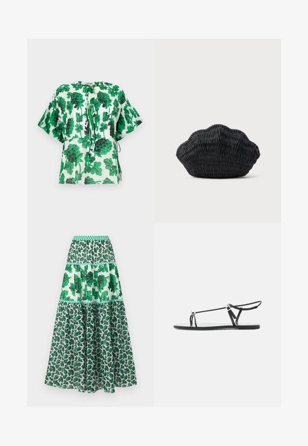 Korte mouw blouse met een groen en zwart bladpatroon op een lichte achtergrond. Heeft een ronde halslijn en trekkoorddetails in de taille.; Groene maxirok met een smocktailleband. Heeft een gelaagd ontwerp met bloemenprints en verschillende tinten groen.; Zwarte platte sandaal met dunne bandjes, een teenlus en een verstelbare enkelgesp op een lichtgrijze achtergrond.; Zwarte gevlochten handtas in de vorm van een sint-jakobsschelp met een gebogen bovenkant en een geweven textuur op een effen achtergrond.