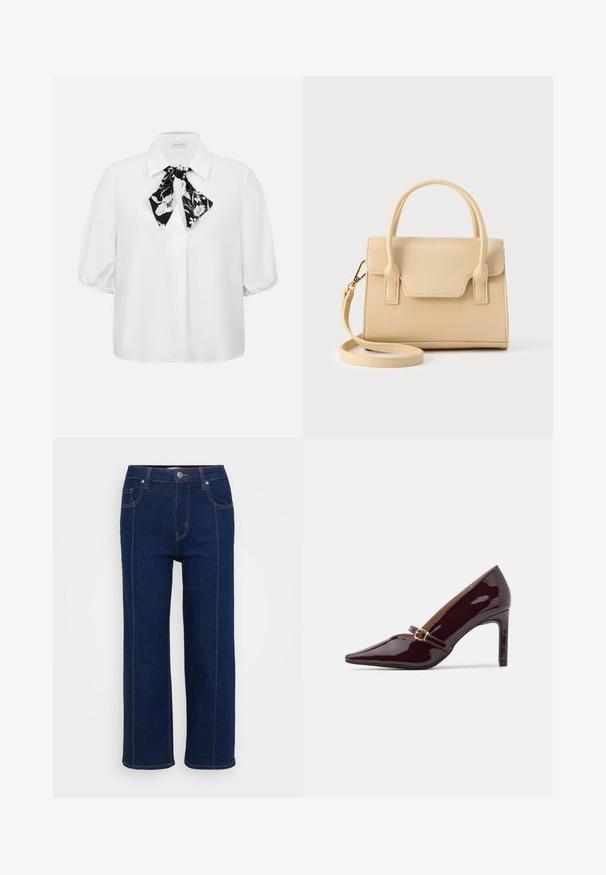 Hvid kortærmet bluse med krave og sort-hvidt blomster tørklæde bundet om halsen.; Mørkeblå lige ben jeans med knaplukning, for- og baglommer samt synlig orange syning langs sømmene.; Patenteret bordeaux højhælet sko med spidse tæer, ankelrem med guldhardware og en slank, poleret finish. Hævet stilettohæl.; Beige læderhåndtaske med et struktureret design, der har en topstrop, aftagelig rem og syninger som detaljer.