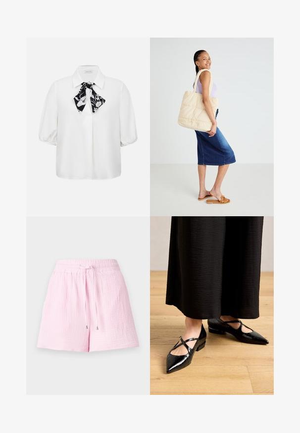 Blusa blanca de manga corta con cuello y un pañuelo floral en blanco y negro atado al escote.; Shorts de color rosa claro hechos de una tela texturizada. Cuentan con una cinturilla elástica con cordón y puntas plateadas, diseñados para la comodidad.; Zapatos de charol negro con punta afilada, que presentan correas cruzadas y un tacón bajo estilo bloque. La textura incluye un patrón de cocodrilo.; Bolso tote de color beige acolchado con asas gruesas, diseño espacioso y textura suave, sostenido por una persona que lleva una blusa de color púrpura claro y una falda de mezclilla azul.