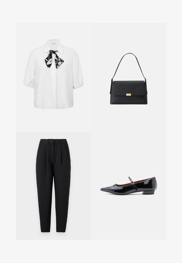 Blusa blanca de manga corta con cuello y un pañuelo floral en blanco y negro atado al escote.; Pantalones negros de corte recto, con pliegues en la parte delantera, textura suave y bolsillos laterales. La cinturilla es de altura estándar.; Zapato plano Mary Jane de charol negro con punta afilada y tacón bajo, con una correa ajustable y hebilla dorada.; Bolso de mano negro hecho de un material texturizado con una forma estructurada. Presenta un cierre de solapa, un acento en tono dorado y un asa sencilla.