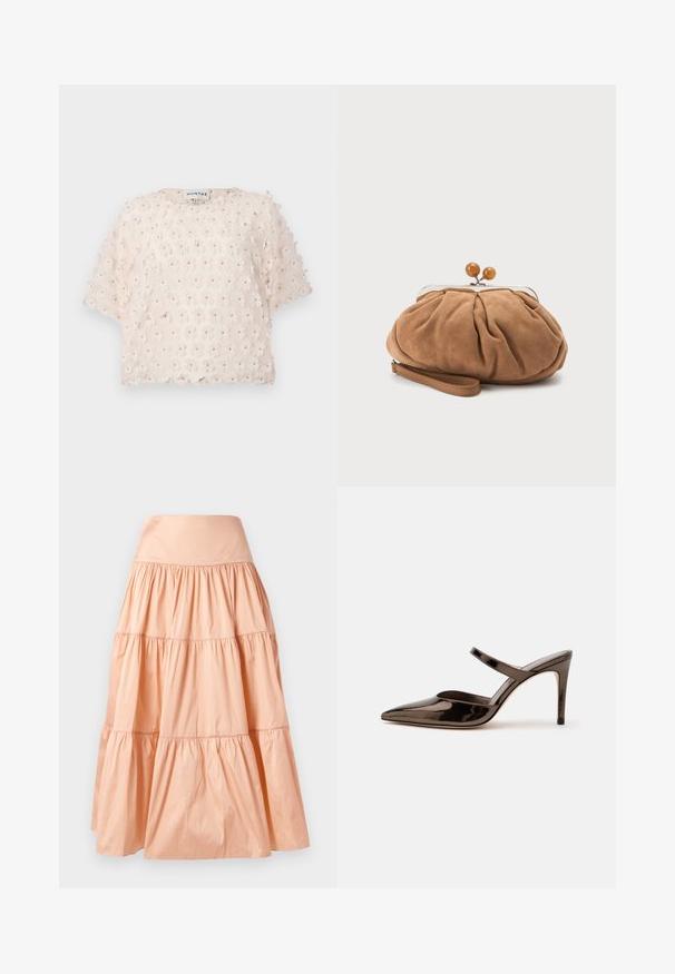 Haut rose pâle en tissu texturé avec des applications florales en 3D. Manches courtes et col rond, conçu pour une coupe ample.; Jupe en cascade de couleur pêche, fabriquée dans un matériau léger. Elle présente une large taille élastique et une texture douce plissée sur l'ensemble.; Mule à talon haut marron foncé brillant à bout pointu avec une fine bride sur le coup de pied sur fond blanc uni.; Petit sac pochette en daim marron doux avec tissu froncé, fermoir métallique, accents de perles en bois et bracelet pour poignet sur fond blanc.