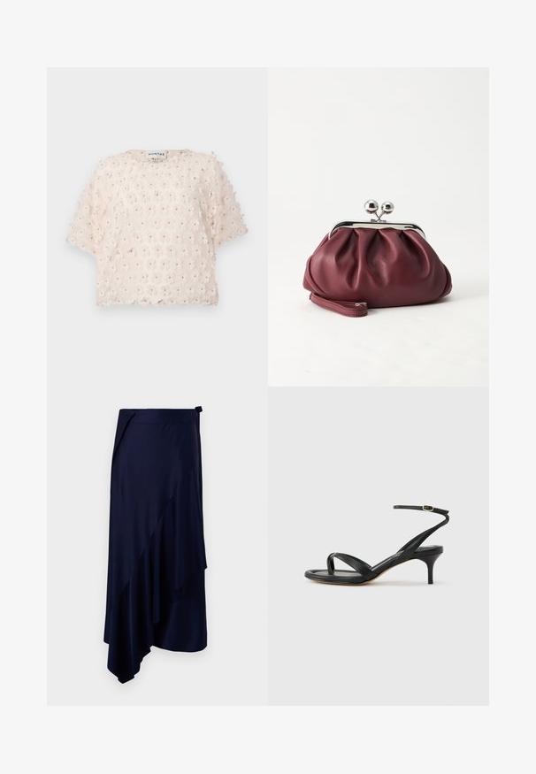 Top color rubor hecho de tela texturizada con aplicaciones florales en 3D. Mangas cortas y escote redondo, diseñado para un ajuste suelto.; Rabanne Falda de tubo - deep navy; Sandalia negra de cuero para mujer con tiras finas, un lazo para el dedo del pie, hebilla en el tobillo y tacón de aguja de altura media sobre un fondo neutro.; Pequeño bolso de mano de cuero burdeos con cierre metálico plateado y correa de muñeca sobre un fondo blanco.