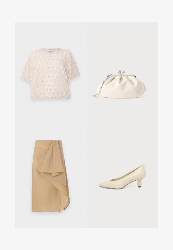 Blushkleurige top van gestructureerde stof met 3D bloemapplicaties. Korte mouwen en een ronde hals, ontworpen voor een losse pasvorm.; Beige wikkelrok van lichtgewicht stof met een asymmetrische draping, voorzien van een gegarneerde tailleband en een gladde textuur. Geen zichtbare sluitingen.; Dames schoen in roomkleur met een puntige neus en een lage, ronde balvormige hak op een effen achtergrond.; Crèmekleurige stoffen clutch met een geplooid ontwerp, een zilverkleurig metalen frame, twee decoratieve balletjes en een zilveren kettingriem.