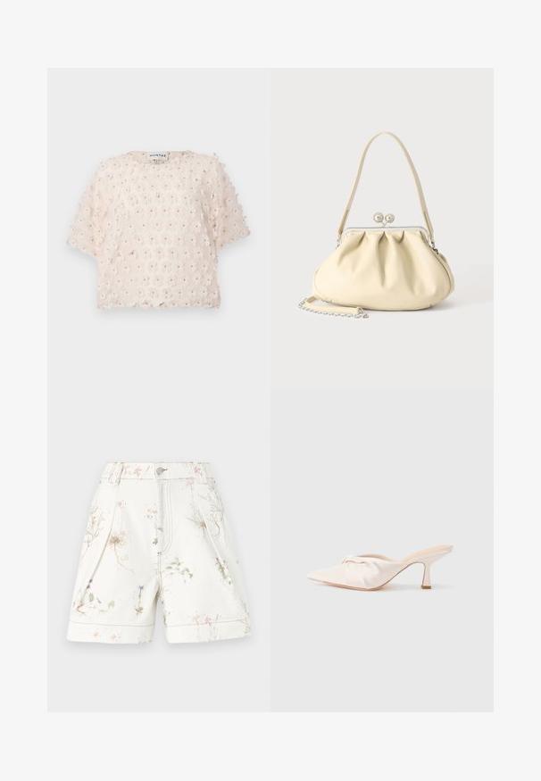 Blushkleurige top van gestructureerde stof met 3D bloemapplicaties. Korte mouwen en een ronde hals, ontworpen voor een losse pasvorm.; Witte shorts met bloemenprint in roze en blauw. Gemaakt van katoen, met zijzakken en een knoopsluiting. Algehele textuurdesign.; Muil in lichtbeige stof met een geknoopt ontwerp aan de voorkant, een puntige neus en een slanke, taps toelopende hak. Over het geheel genomen een gladde textuur.; Crèmekleurige zachte leren handtas met geplooid ontwerp, zilveren frame sluiting, korte handgreep en een afneembare kettingriem.